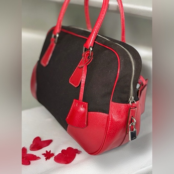 SOLD!! Not for Sale! Prada Cherry Red Brown Leather and Canvas Bowling Bag - Picture 3 of 14